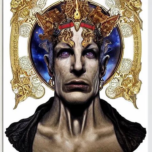 Image similar to portrait of hades king of the underworld made with porcelain by Jeff Easley and Peter Elson + beautiful eyes, beautiful face + symmetry face + border and embellishments inspiried by alphonse mucha, fractals in the background, galaxy + baroque, gothic, surreal + highly detailed, intricate complexity, epic composition, magical atmosphere + masterpiece, award winning + trending on artstation