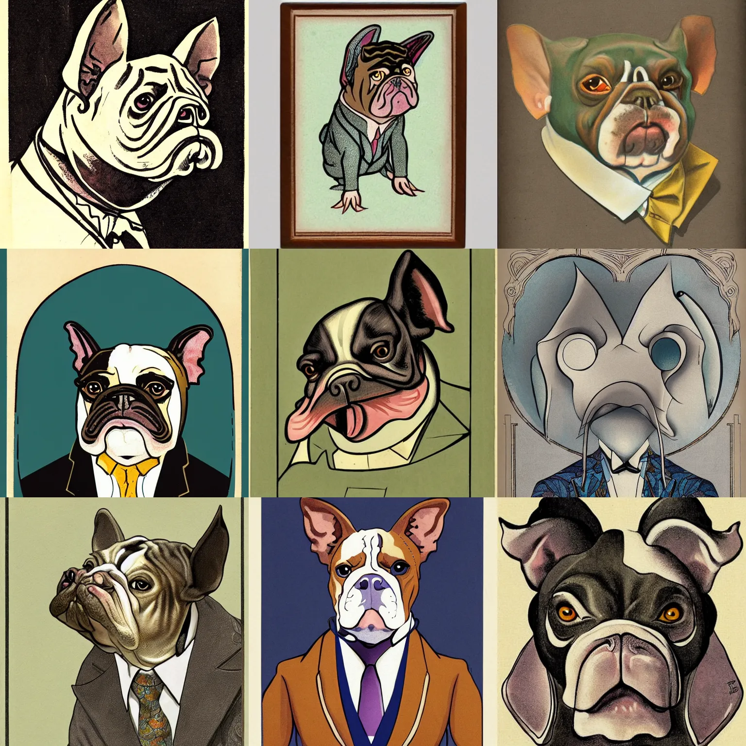 Prompt: art nouveau illustration of bat - eared bulldog - fish creature wearing a suit, portrait