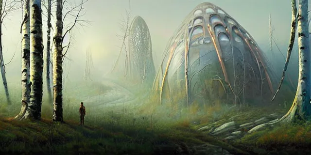 Image similar to painting group of sci - fi adventures searching birch trees forest for crashed ship by tomasz alen kopera and cornelius dammrich with futuristic city scape ion the distance by eddie jones and simon stahlenhag