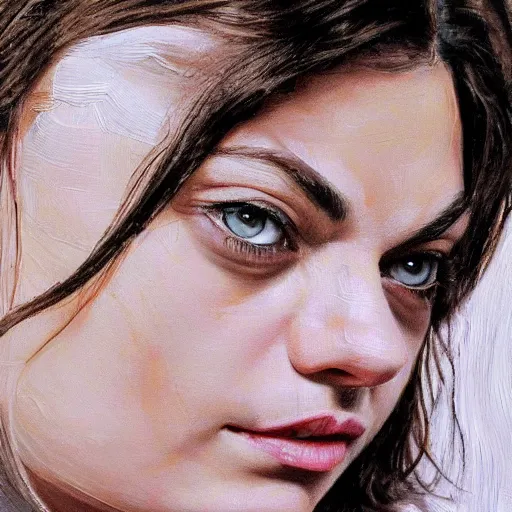 Image similar to mila kunis, high quality high detail painting by lucian freud, hd, photorealistic lighting