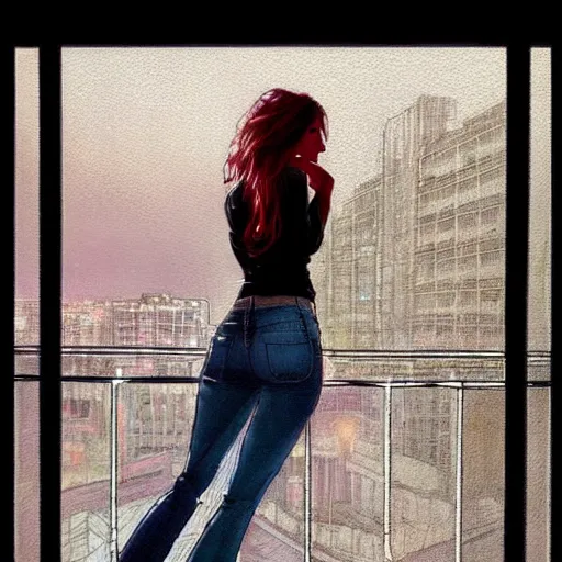 Image similar to a beautiful artwork of a woman in jeans and a white shirt smoking on the balcony of a hotel at night, top view, neon and rainy theme atmosphere by Jerome Opeña, featured on artstation
