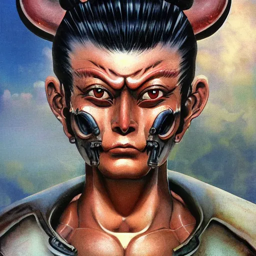 Image similar to A mixed media portrait painting of a naraka buddhist demons, sweat, aesthetic symmetrical face and eyes, photorealistic, model, wet, starship-troopers, pacific-rim-mech in background, eighties pinup style, by Frank Frazetta, Boris Vallejo, Beeple, Greg Rutkowski, Christian MacNevin, epic fantasy character art, high fantasy, CGsociety, exquisite detail, post-processing, masterpiece, cinematic