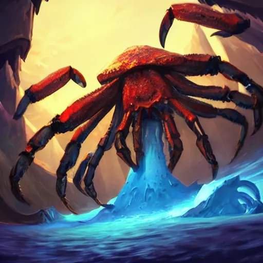 Image similar to blue giant (((((((crab monster)))))))) with giant crab claws, giant crab claws, giant crab claws, fantasy digital art, magical background in the style of hearthstone artwork