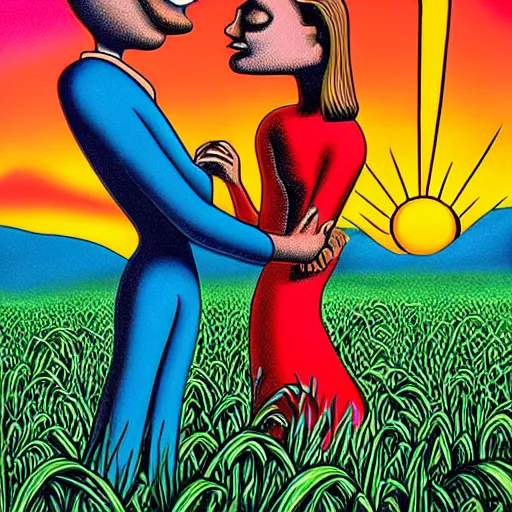 Prompt: optical illusion by jim woodring emotive, unnerving. a beautiful print of a man & a woman in a field of tall grass with the sun setting behind them