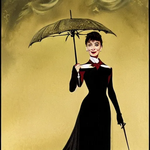 Image similar to an extremely detailed matte painting audrey hepburn as a vampire queen in a resplendent black dress with gold and crimson trim and a long leg slit, in the style of magic the gathering, 8 k, sharp focus, detailed face, art by john collier and albert aublet and krenz cushart and artem demura and alphonse mucha