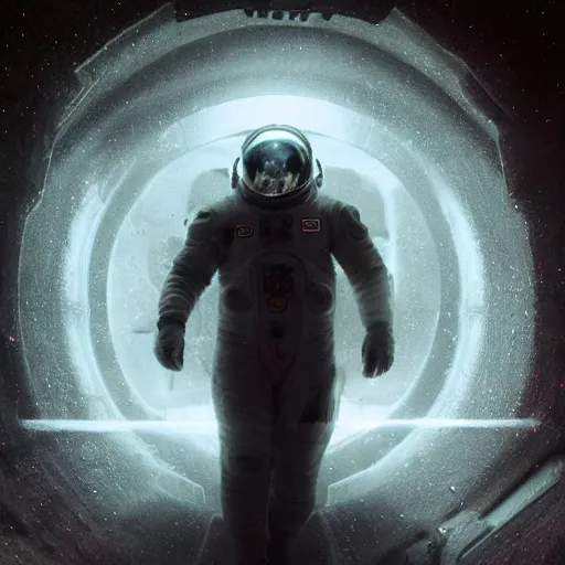 Image similar to concept art by craig mullins astronaut in futuristic dark and empty spaceship underwater. infrared complex and hyperdetailed technical suit. mandelbulb fractal. reflection and dispersion materials. rays and dispersion of light. volumetric light. 5 0 mm, f / 3 2. noise film photo. flash photography. unreal engine 4, octane render. interstellar movie art