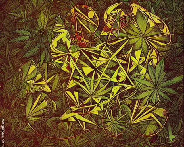 Prompt: cannabis abstract shapes and geometric patterns, a simple vector pop surrealism, by ( leonardo da vinci ) and greg rutkowski and rafal olbinski