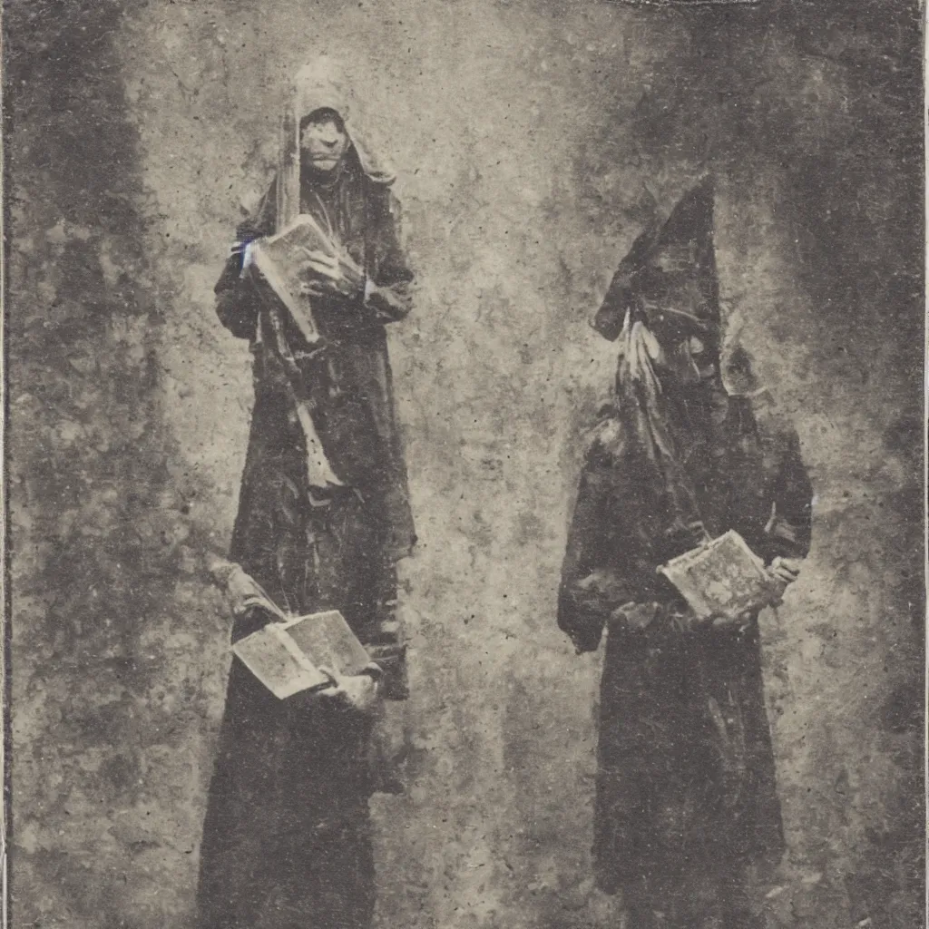 Image similar to tintype of a pagan cultist with occult books