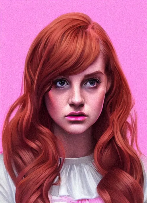 Image similar to full body portrait of teenage cheryl blossom, bangs, green eyes, sultry expression, red hair, sultry smirk, bangs and wavy hair, pink skirt, bangs, intricate, elegant, glowing lights, highly detailed, digital painting, artstation, concept art, smooth, sharp focus, illustration, art by wlop, mars ravelo and greg rutkowski