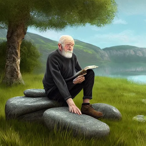 Image similar to portrait of an old irish man sitting on a stone in a grove in ireland next to a lake, highly detailed, digital painting, concept art, sharp focus, by makoto shinkai