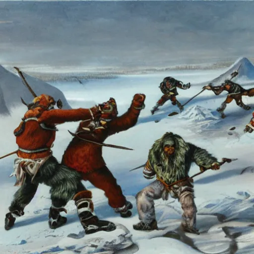 Prompt: Giants fighting in icy tundra
