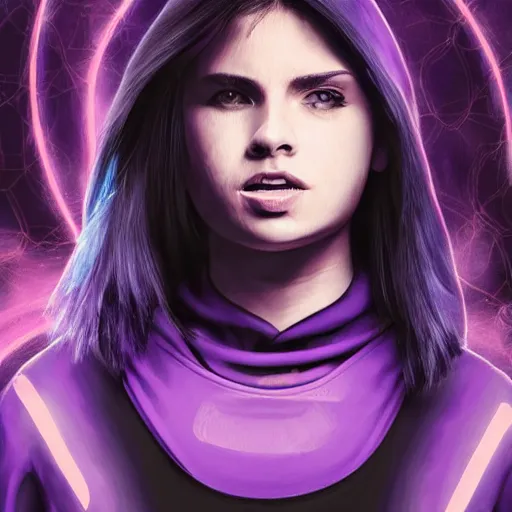 Image similar to poster artwork, sci fi, a female, full body, black hoodie techie, black hair with purple streaks, 8 k