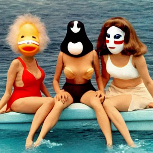 Image similar to 1969 twin women on tv show wearing an inflatable mask long prosthetic snout nose with googly eyes, soft color wearing a swimsuit at the beach 1969 color film 16mm holding a hand puppet Fellini John Waters Russ Meyer Doris Wishman old photo