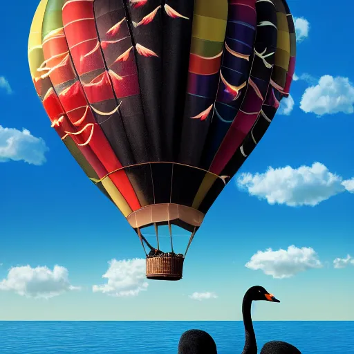 Image similar to realistic extremely detailed photo style painting of a hot air balloon with a picture of two black swans swimming, touching heads, forming a heart with their necks, granular detail, holographic krypton ion, octane render, 4k, f32,55mm photography, wide angle