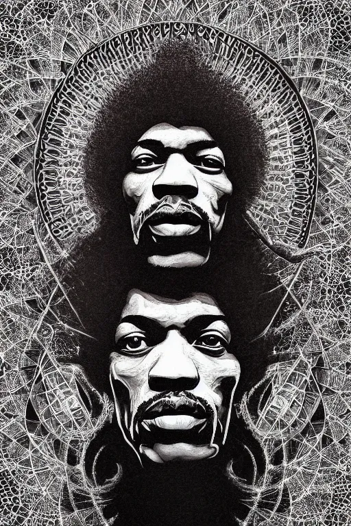 Prompt: Jimi Hendrix Centered, uncut, unzoom, symmetry. charachter illustration. Dmt entity manifestation. Surreal render, ultra realistic, zenith view. Made by hakan hisim feat cameron gray and alex grey. Polished. Inspired by patricio clarey, heidi taillefer scifi painter glenn brown. Slightly Decorated with Sacred geometry and fractals. Extremely ornated. artstation, cgsociety, unreal engine, ray tracing, detailed illustration, hd, 4k, digital art, overdetailed art. Intricate omnious visionary concept art, shamanic arts ayahuasca trip illustration. Extremely psychedelic. Dslr, tiltshift, dof. 64megapixel. complementing colors. Remixed by lyzergium.art feat binx.ly and machine.delusions. zerg aesthetics. Trending on artstation, deviantart