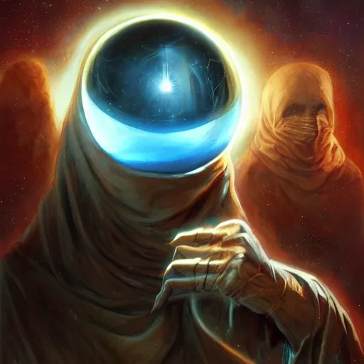 Image similar to masked nomad male wearing a cloak on an alien world and holding a holographic planet projection in his hand, detailed, sci - fi, digital painting, artstation, sharp focus, illustration, ominous, artgerm, tomasz alen kopera, peter mohrbacher, donato giancola, joseph christian leyendecker, wlop, frank frazetta