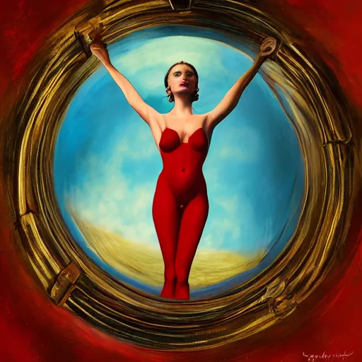 Prompt: Stephanie Petrey model with beautiful face and full body laying in a blood red pool of water between a bright golden glowing mirror frame, outside is space and inside the mirror frame is a beautiful landscape. Hyperrealistic surreal 4K IMAX Rene Margritte intricate, elegant, highly detailed, digital painting, artstation, concept art, smooth, sharp focus, illustration, art by artgerm, Francis bacon, HR Giger and greg rutkowski and alphonse mucha