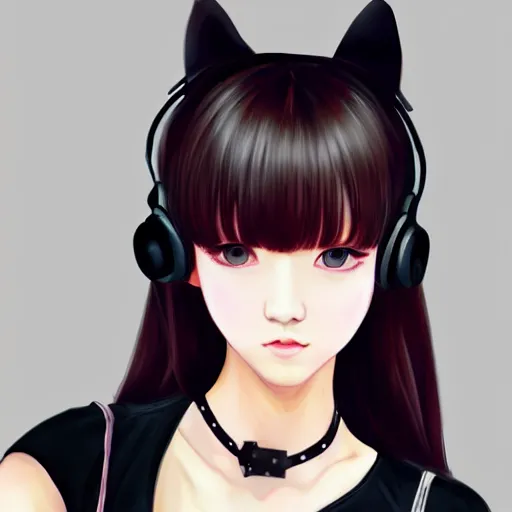 Image similar to realistic detailed semirealism beautiful gorgeous natural cute Blackpink Lalisa Manoban black hair black cat ears, wearing white camisole outfit, headphones, black leather choker artwork drawn full HD 4K high resolution quality artstyle professional artists WLOP, Aztodio, Taejune Kim, Guweiz, Pixiv, Instagram, Artstation