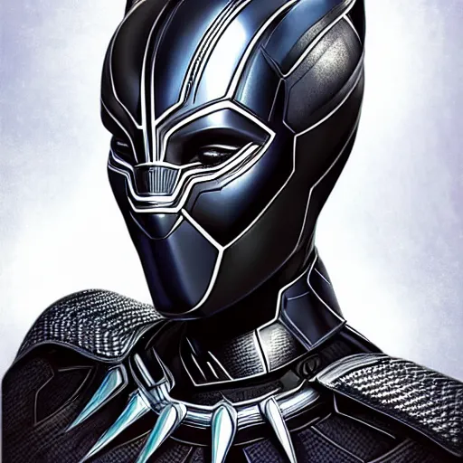 Prompt: head and shoulders portrait of a female knight, wakanda, black panther, helmet, breastplate, shaved head, by artgerm, face detail, extremely detailed, photo