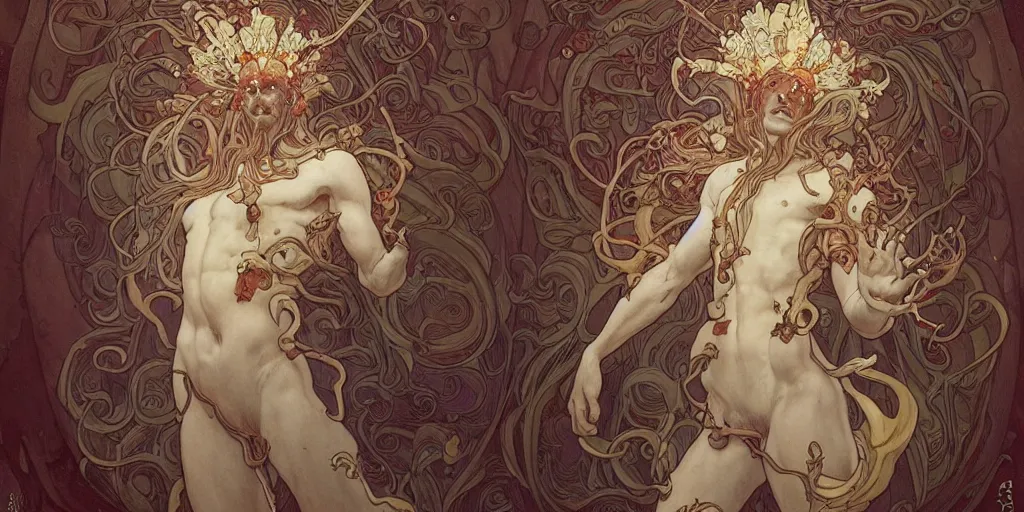 Image similar to epic concept illustration of a fungus god, by james jean, by artgerm and greg rutkowski and alphonse mucha. uhd, amazing depth, cinematic lighting, glossy wet levitating floating fungus god with arms outstretched.