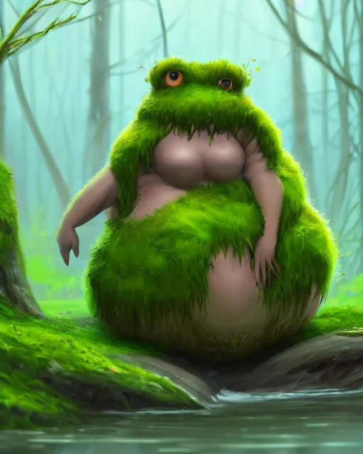 Prompt: concept art for a cute thicc moss creature, sitting in a shallow swamp, fog, full body artwork, full background | | epic - fine - clean, polished, trending on artstation, brush strokes