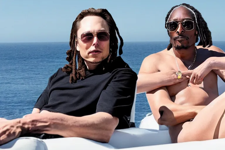 Image similar to elon musk and snoop dogg at boat without shirt, clean sky, ocean