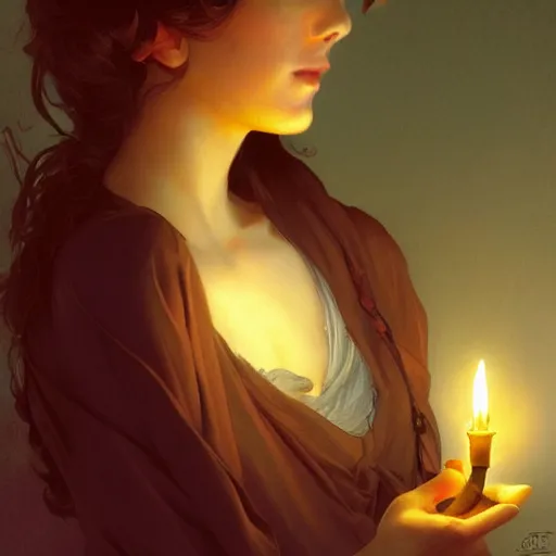 Image similar to girl in love, candle light, highly detailed, digital painting, cgsociety , concept art, sharp focus, illustration, art by artgerm and greg rutkowski and alphonse mucha