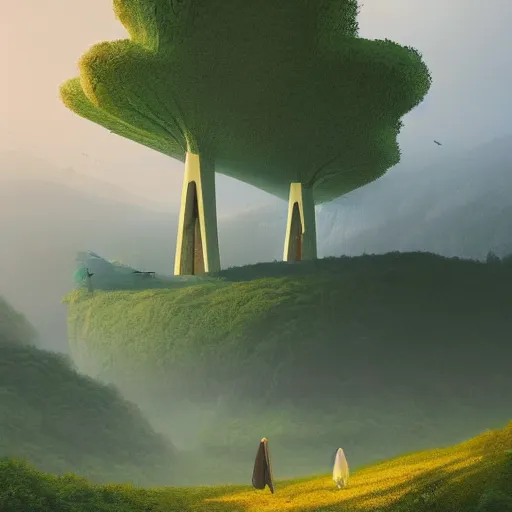 Image similar to futuristic yellow house between hills with big trees, monks walking, multiple moons, dramatic lighting, artstation, matte painting, raphael lacoste, simon stalenhag, frank lloyd wright, zaha hadid