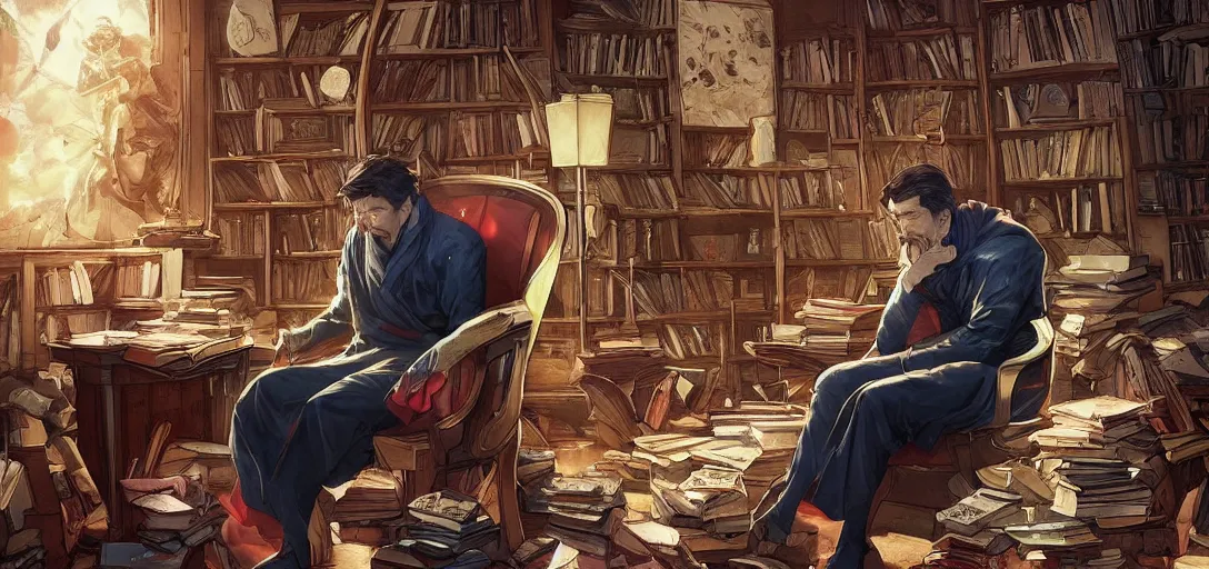 Image similar to a sad dr strange sitting alone in his room in a large chair, books messy about the room, sad, somber, by Stanley Artgerm Lau, WLOP, Rossdraws, James Jean, Andrei Riabovitchev, Marc Simonetti, krenz cushart