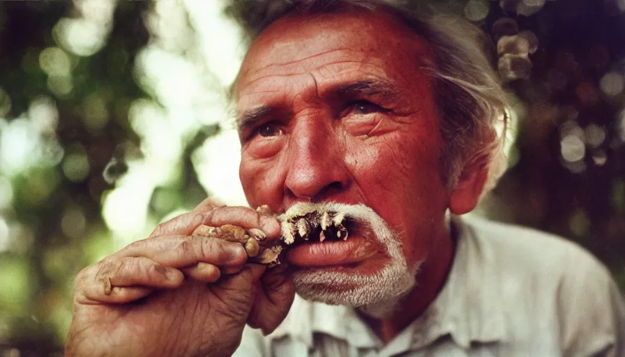 Prompt: 7 0 s movie still of an old man. his mouth is full of worms. his eyes are keen. cinestill 8 0 0 t 3 5 mm technicolor, heavy grain, high quality, high detail