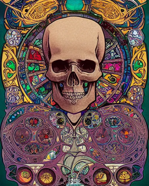 Prompt: skull carving art, cell shading, voronoi,fibonacci sequence, sacred geometry by Alphonse Mucha, Moebius, hiroshi yoshida, Art Nouveau, colorful, ultradetailed, vivid colour, 3d