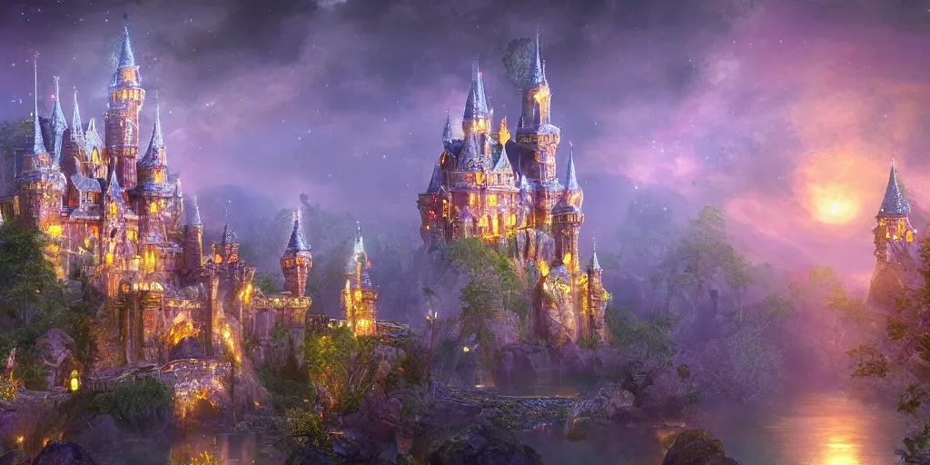 Image similar to a glittering fairy castle at night, extremely detailed oil painting, unreal 5 render, fantasy digital art, octane render, beautiful composition, trending on artstation, award-winning photograph, masterpiece