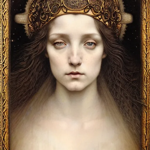 Prompt: detailed realistic beautiful young medieval queen face portrait by jean delville, tom bagshaw, brooke shaden, gustave dore and marco mazzoni, art nouveau, symbolist, visionary, gothic, pre - raphaelite, ornate gilded medieval icon, surreality, ethereal, unearthly, haunting, celestial, neo - gothic, ghostly, memento mori, eerie