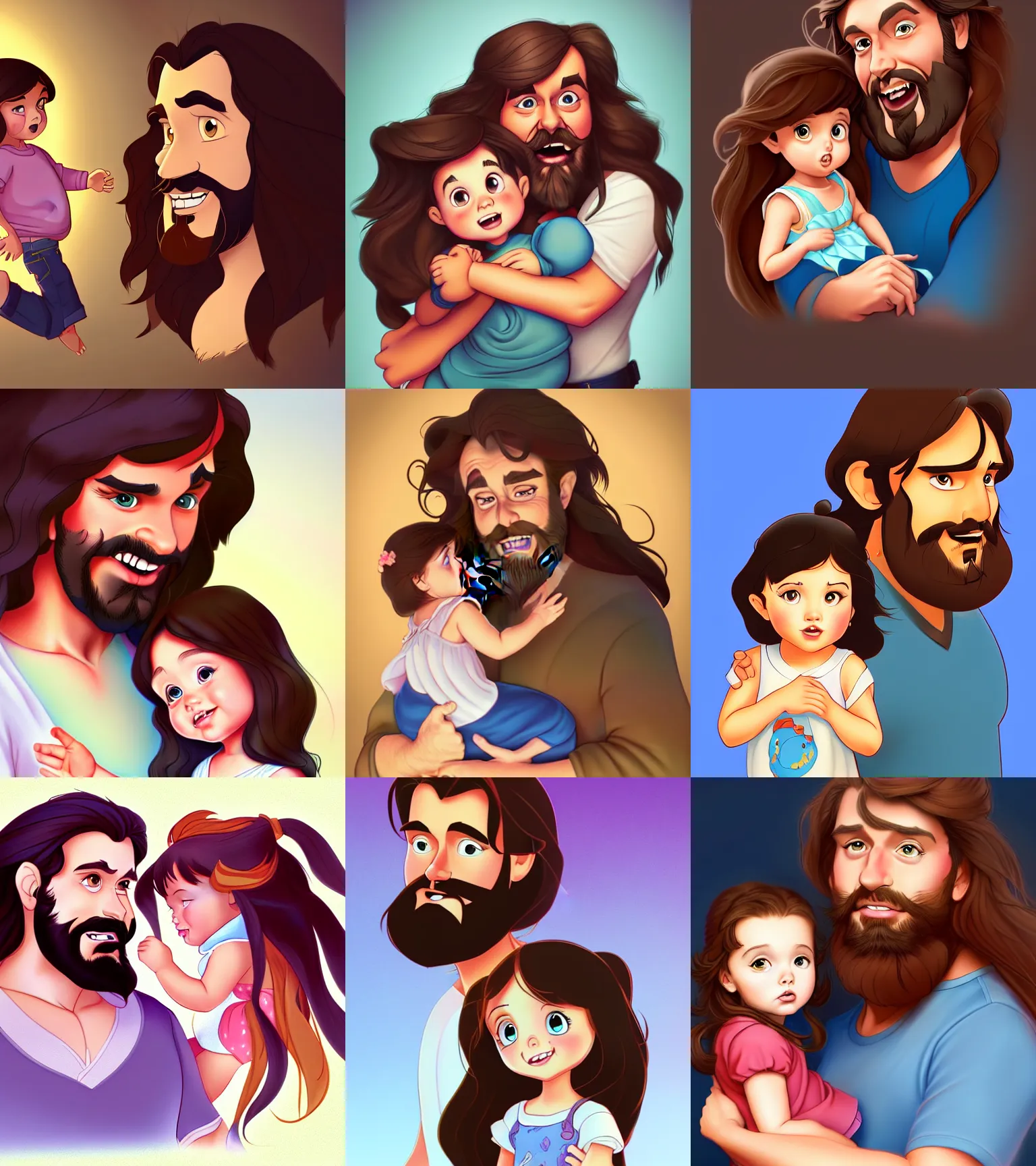 Image similar to a long - haired bearded father and his brunette child toddler girl full color digital illustration in the style of don bluth, artgerm, artstation trending, 4 k