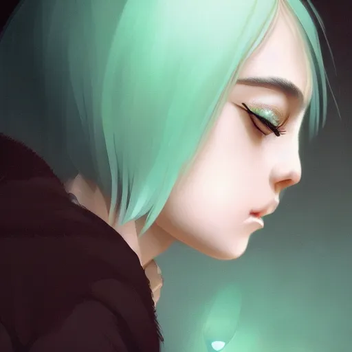 Prompt: very cool girl blonde hair black back, mint higlights, strong eyelashes, cute nose and lips makeup, nose piercing, detailed portrait, intricate complexity, by greg rutkowski, artgerm, ross tran, conrad roset, takato yomamoto, ilya kuvshinov. 4 k, beautiful, cinematic dramatic atmosphere