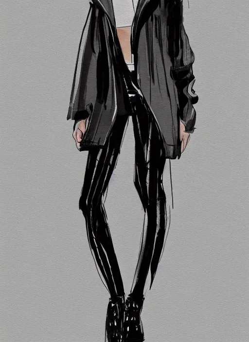 Prompt: a conceptual fashion sketch of a girl wearing a chloma designed anorak with skinny legs and futuristic leggings