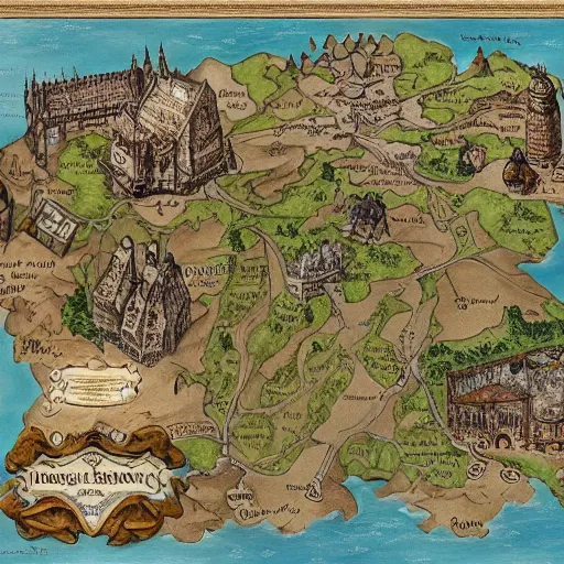 Prompt: detailed map of howarts, fantasy map, cartography, detailed, intricate,