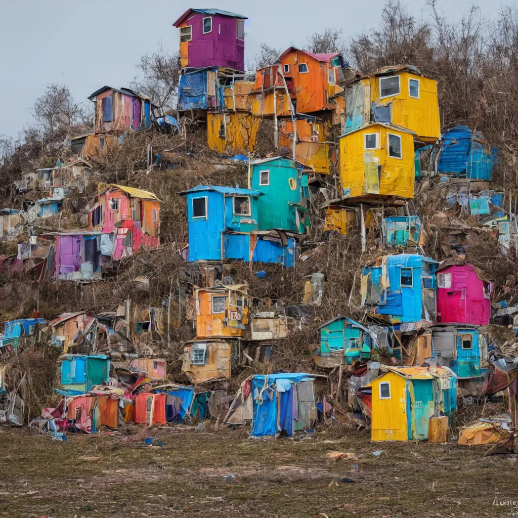 Image similar to a tower made up of colourful makeshift squatter shacks, dystopia, sony a 7 r 3, f 1 1, fully frontal view, photographed by jeanette hagglund