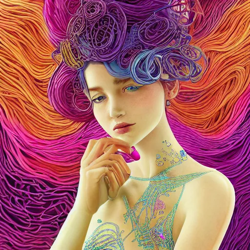 Image similar to the portrait of a ridiculously beautiful and elegant woman partially made of onion rings of all colors, an ultrafine detailed illustration by james jean, final fantasy, intricate linework, bright colors, behance contest winner, vanitas, angular, altermodern, unreal engine 5 highly rendered, global illumination, radiant light, detailed and intricate environment