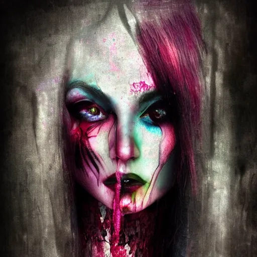 Prompt: pale necro beautiful girl, decaying bleeding colors!, digital painting, devianart, a picture taken by lisa odel and samantha elisa