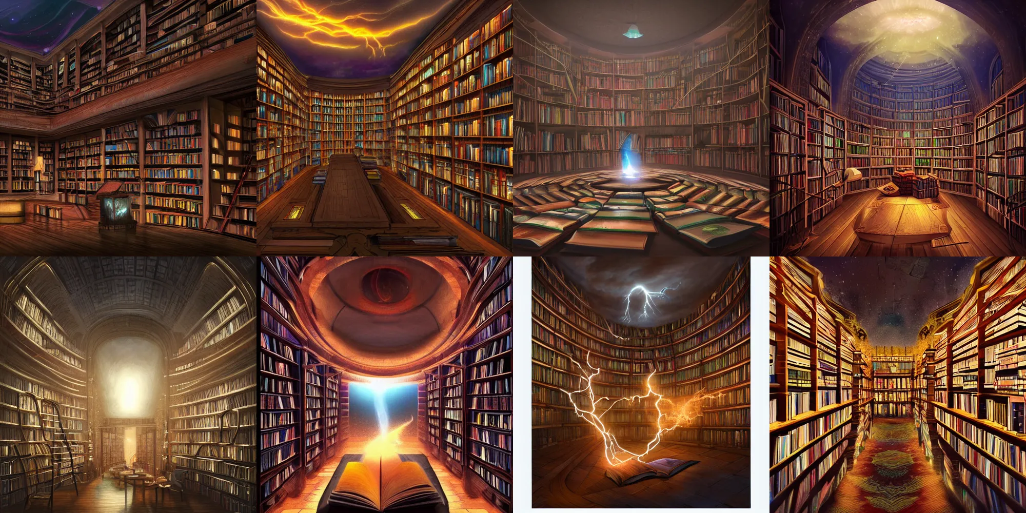 Prompt: myriads of books in a magic library, beautiful digital art, dramatic volumetric lightning, trending on artstation