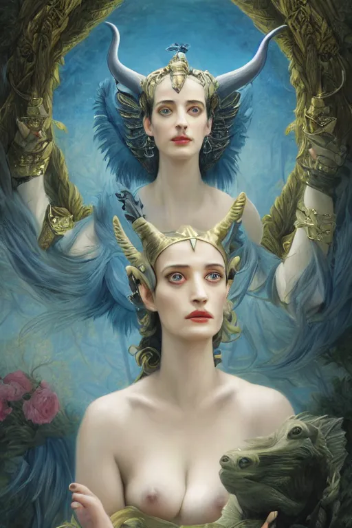 Image similar to A fantasy book style portrait painting of a hybrid, Eva Green, Anya_Taylor-Joy, Cory Chase, as a Mystical Valkyrie, Anubis-Reptilian, Atlantean Warrior, François Boucher, Oil Painting, unreal 5, DAZ, hyperrealistic, octane render, Regal, Refined, Detailed Digital Art, RPG portrait, William-Adolphe Bouguereau, Michael Cheval, Walt Disney (1937), Steampunk, Volumetric Golden dappled dynamic lighting, Highly Detailed, Cinematic Lighting, Unreal Engine, 8k, HD