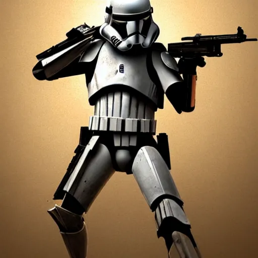 Image similar to an extremely long shot of an imperial stormtrooper in battle position ready to shoot his blaster concept art by Doug Chiang cinematic, realistic painting, high definition, very detailed, extremely high detail, photo realistic, concept art, the Mandalorian concept art style