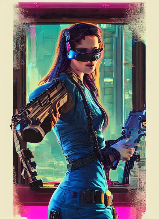 Image similar to cyberpunk woman in dress holding belt fed pistol. advertisement for pistol. cyberpunk ad poster by james gurney, azamat khairov, and alphonso mucha. artstationhq. painting with vivid color, cell shading. ( rb 6 s, cyberpunk 2 0 7 7 )