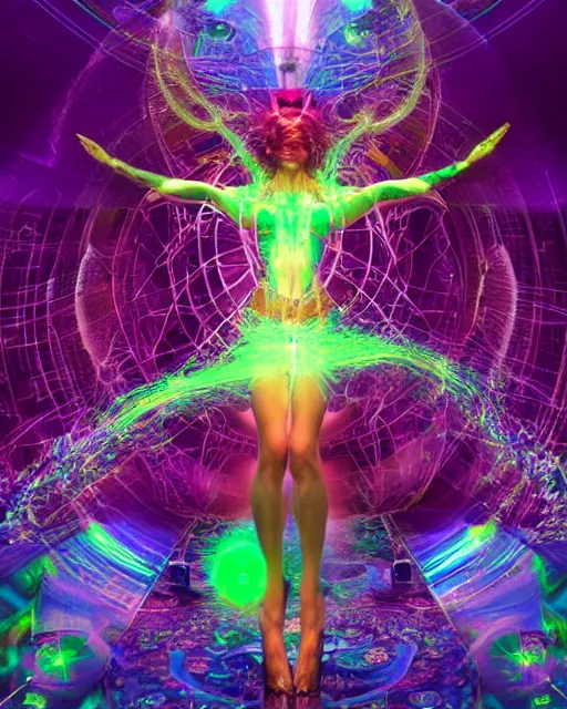 Image similar to a powerful energy psychedelic matrix sorceress, by alexander fedosav, hyper detailed digital matte painting, concept art, hyperrealism, 1 6 k resolution, cinema 4 d, 8 k resolution, trending on artstation, behance hd, a masterpiece, by stephan martiniere, particles, cel - shaded, power bright neon energy, by david a. hardy,