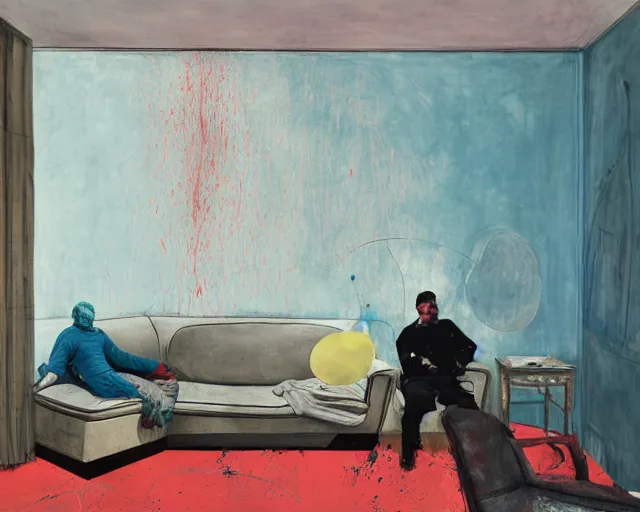 Image similar to a man reclines on a sofa in a domestic interior by james jean and luc tuymans and beeple and hernan bas and pat steir and hilma af klint, psychological, 3 d, dripping paint, high quality render, masterpiece