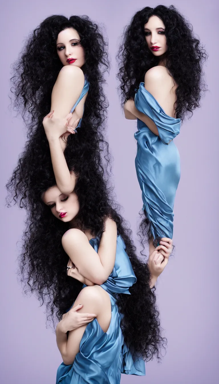 Prompt: a portrait photography of a beautiful woman with black long curly hair and full body dress in blu silk by Lindsay Adler, soft professional studio lighting, pastel colors scheme, fine art photography, dramatic colors backgroung, 50 mm sigma art