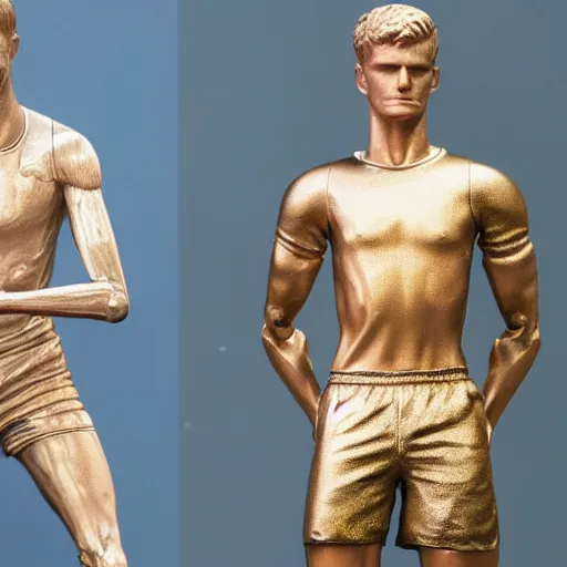 Prompt: a realistic detailed photo of a guy who is an attractive humanoid who is half robot and half humanoid, who is a male android, soccer players martin ødegaard & timo werner, shiny skin, posing like a statue, blank stare, in a museum, on display, showing off his muscles, gold soccer shorts, no jersey, several of them lined up, statue