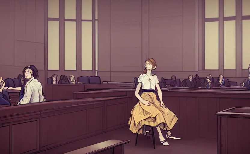 Prompt: portrait a beautiful a man in a skirt in a courtroom, no blur, 4 k resolution, ultra detailed by james jean