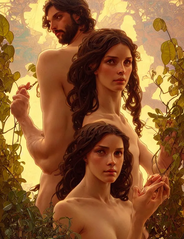 Prompt: portrait of biblical adam and eve, headshot, intricate, innocent, highly detailed, digital painting, artstation, concept art, sharp focus, cinematic lighting, illustration, art by artgerm and greg rutkowski, alphonse mucha, cgsociety